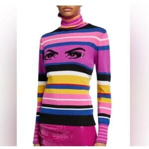 PINKO Multicolor Stripe Knit Mockneck Sweater with Sequin Eyes Made in Italy M